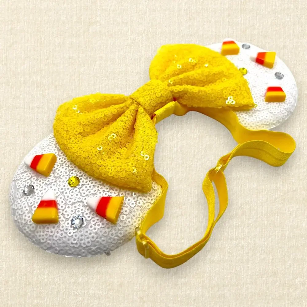 Elastic White Sequin Candy Corn Minnie Ears | Disney-Inspired Mouse Ears